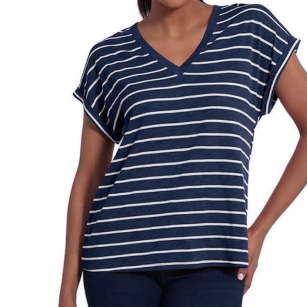 Jessica Simpson Striped Tee Navy Blue Mood Indigo White Stripes V-Neck XL